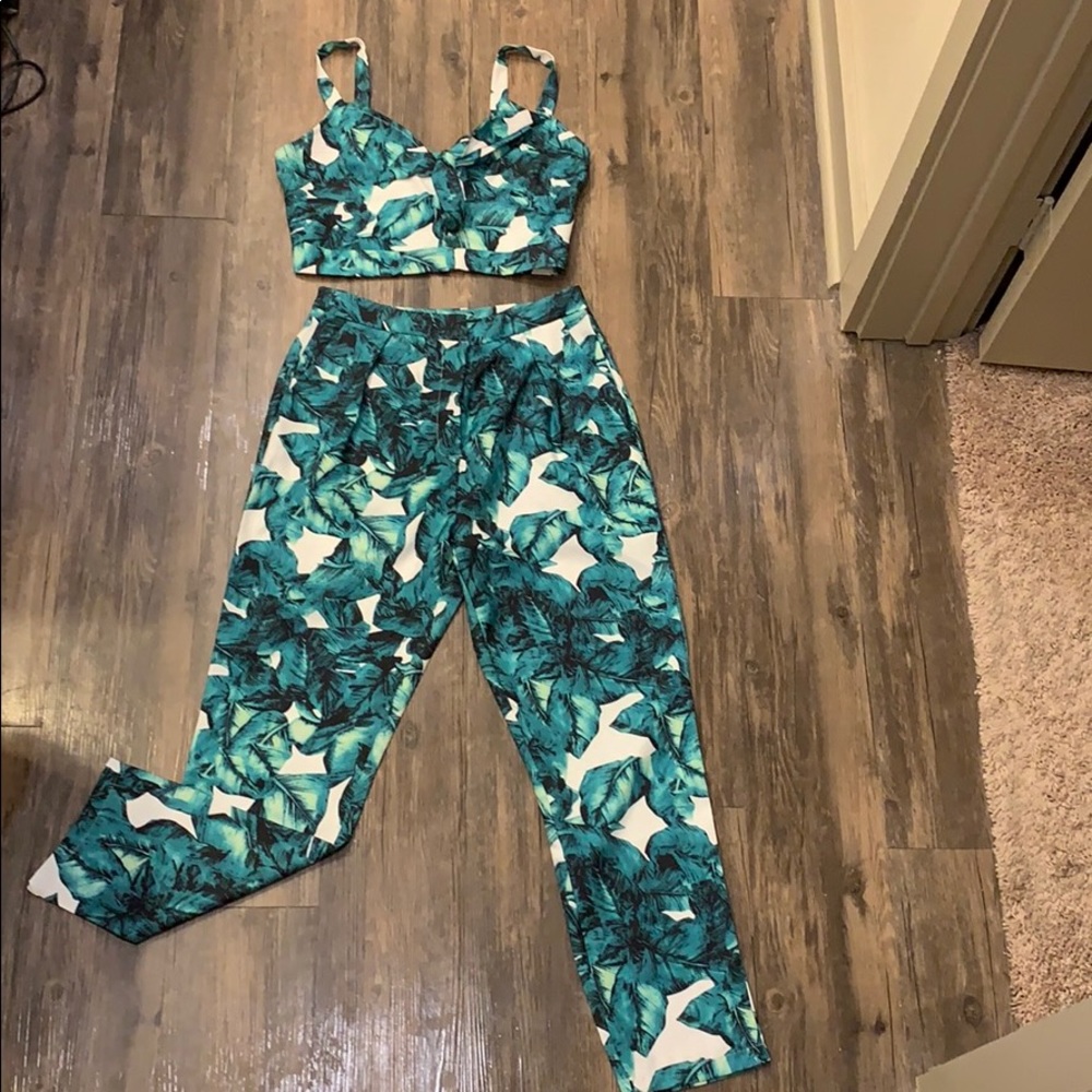 Two Piece Palm Leave Crop Top High Waisted Outfit